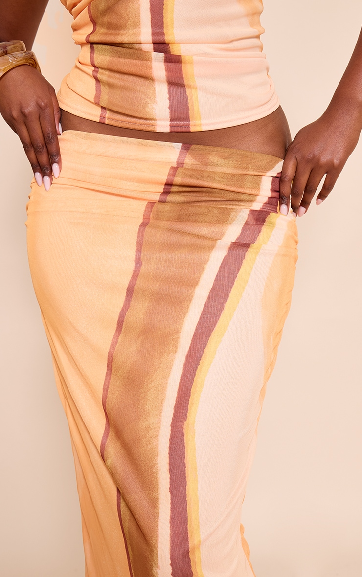 Yellow Abstract Print Mesh Ruched Maxi Skirt image 4