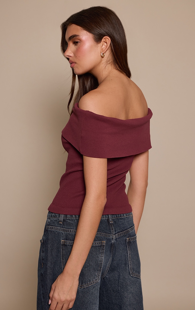 Wine Contour Rib Fold Over Bardot Detail Long Top  image 2