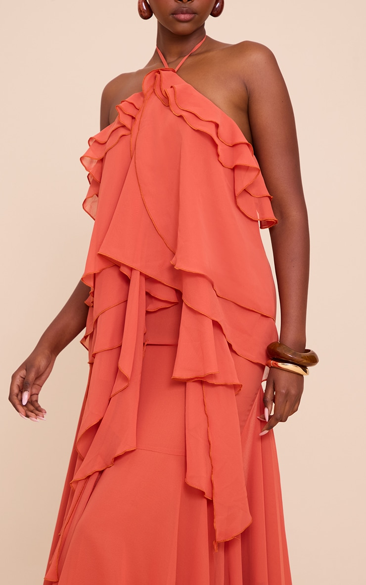 Orange Chiffon Frill Halterneck Floaty Maxi Dress image 4