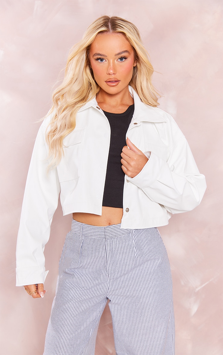 White Basic Patch Pocket Front Cropped Faux Leather Jacket image 1