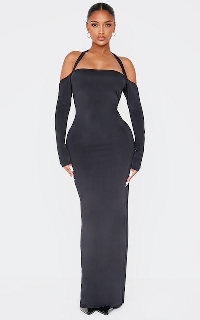 Shape Black Sculpt Bardot Halter Tie Maxi Dress