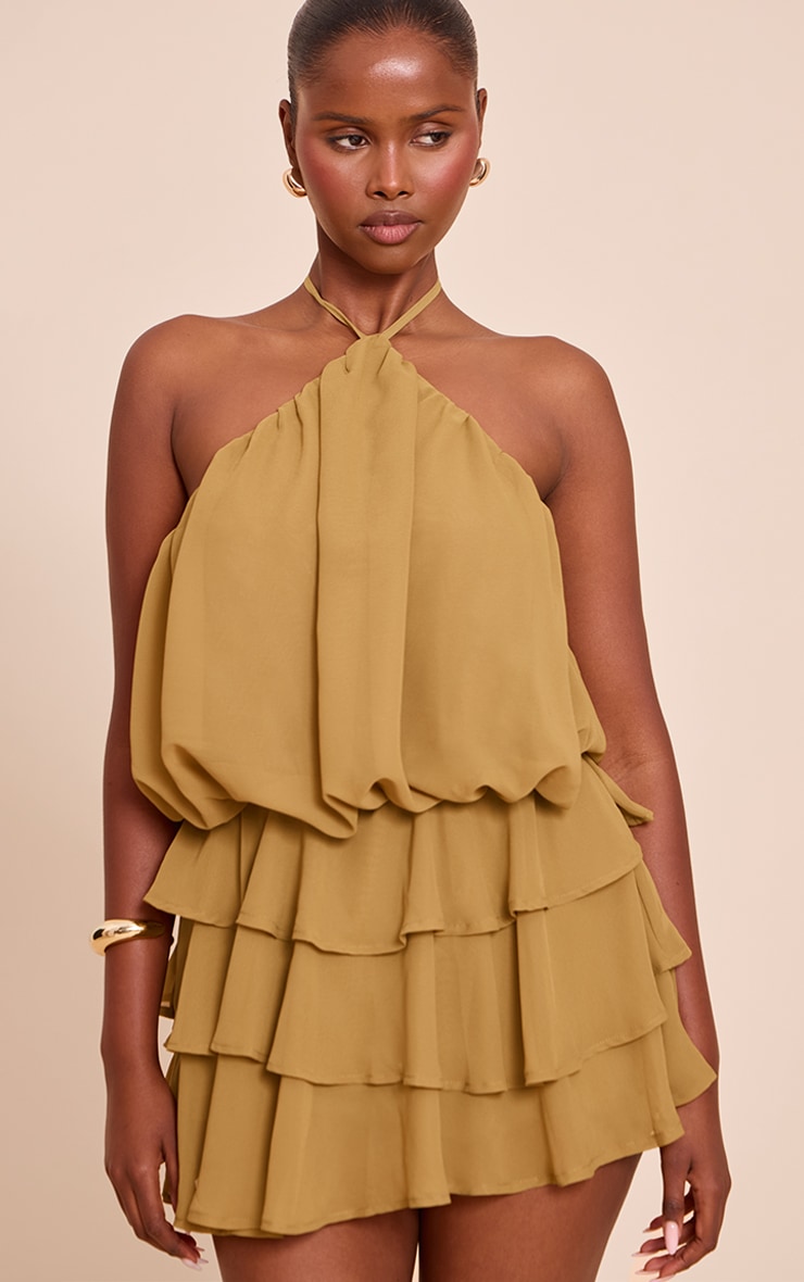 Olive Chiffon Frill Detail Halterneck Romper | Jumpsuits