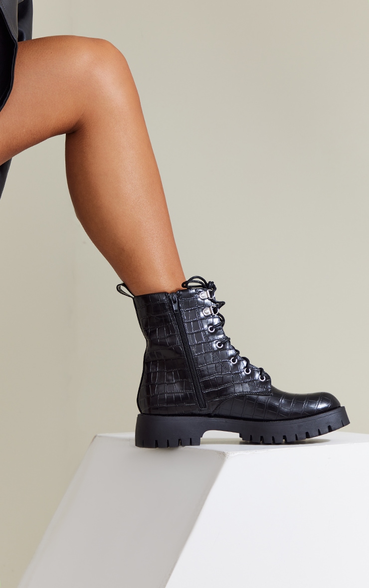 king black patent croc lace up boots