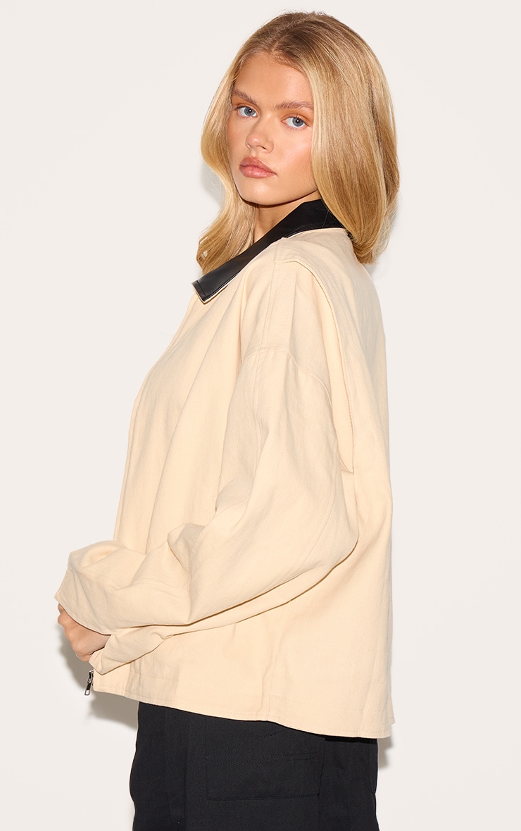 Sand Faux Leather Collar Oversized Cotton Jacket image 2
