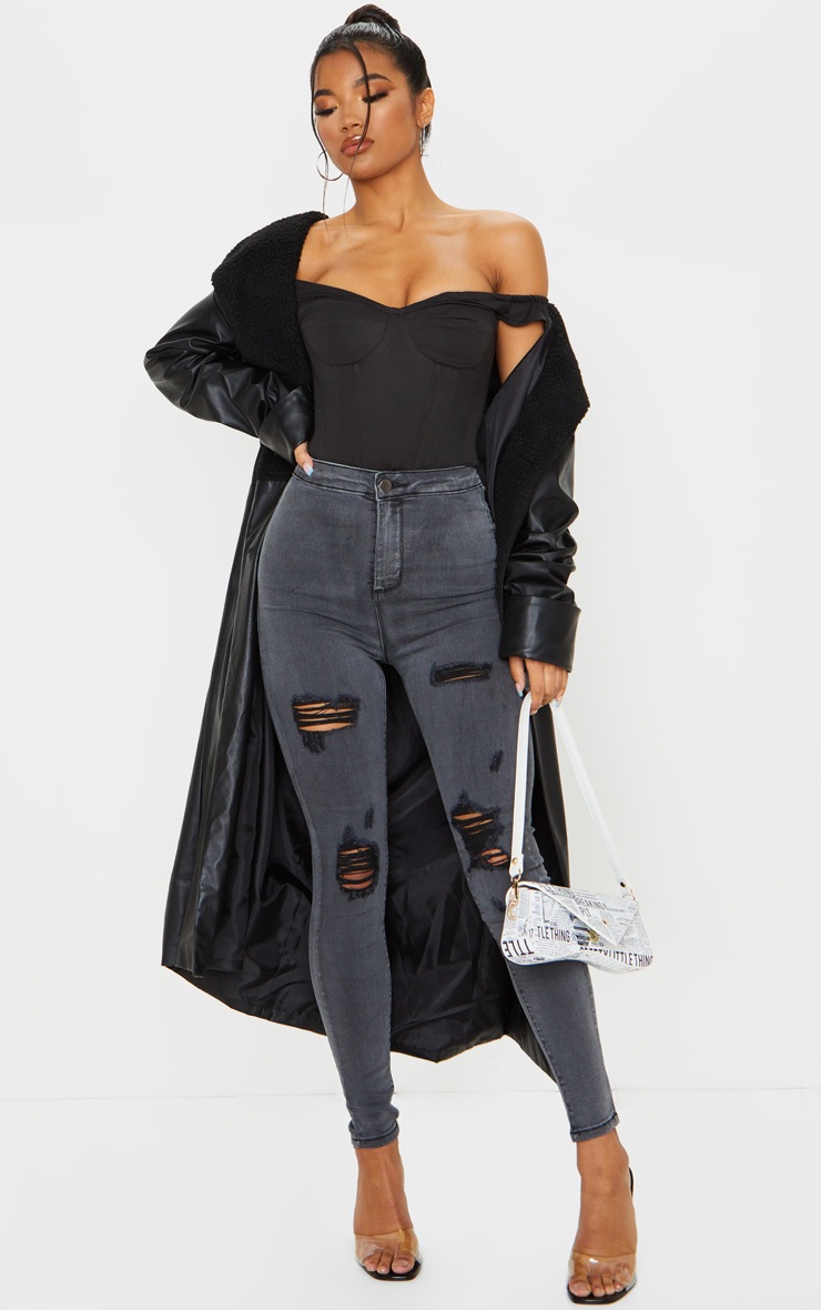 PRETTYLITTLETHING - Jean disco skinny déchiré noir délavé