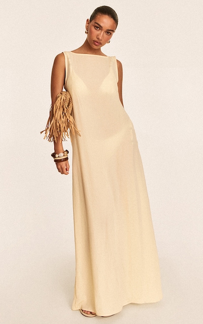 Butter Yellow Floaty Woven Boat Neck Maxi Beach Dress