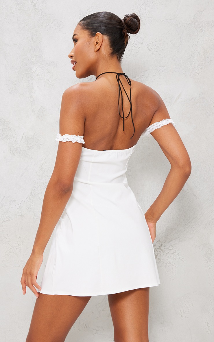 White Stretch Woven Lace Bardot Bow Shift Dress image 2