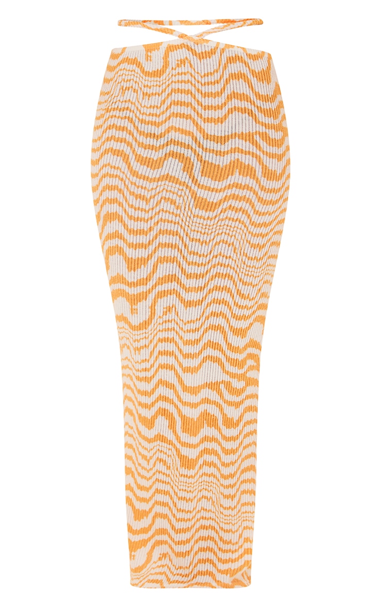 Bright Orange Swirl Printed Rib Midi Skirt image 5