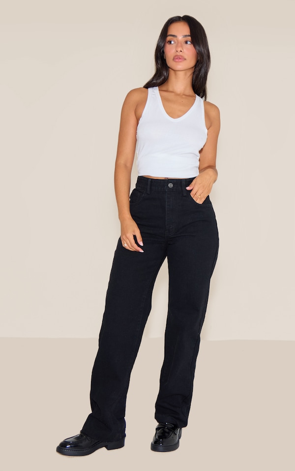 PRETTYLITTLETHING Petite Black Long Leg Straight Jeans