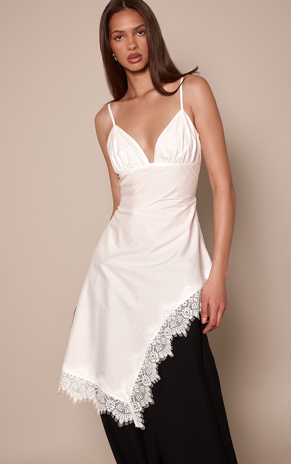 White Lace Trim Asymmetric Longline Cami Top