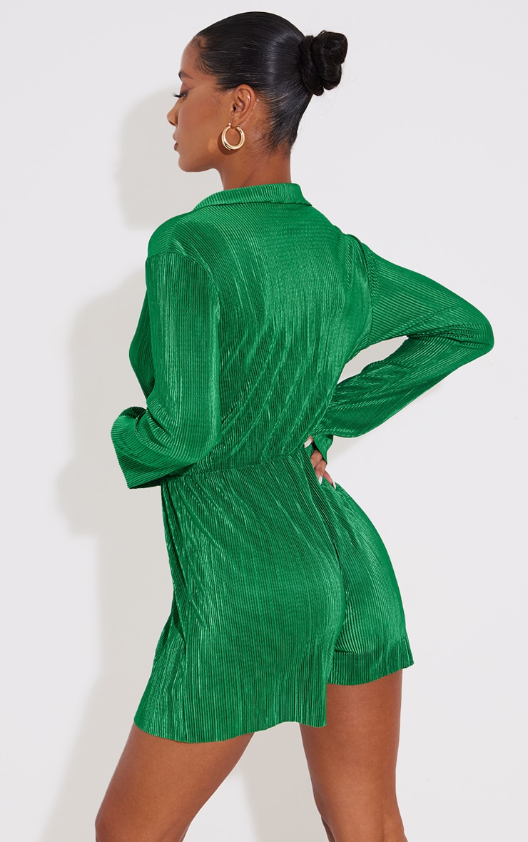 Green Plisse Wrap Collar Detail Playsuit image 2