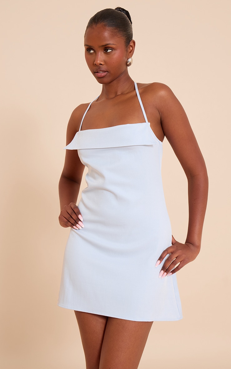 Blue Woven Spaghetti Halter Neck Shift Dress image 1