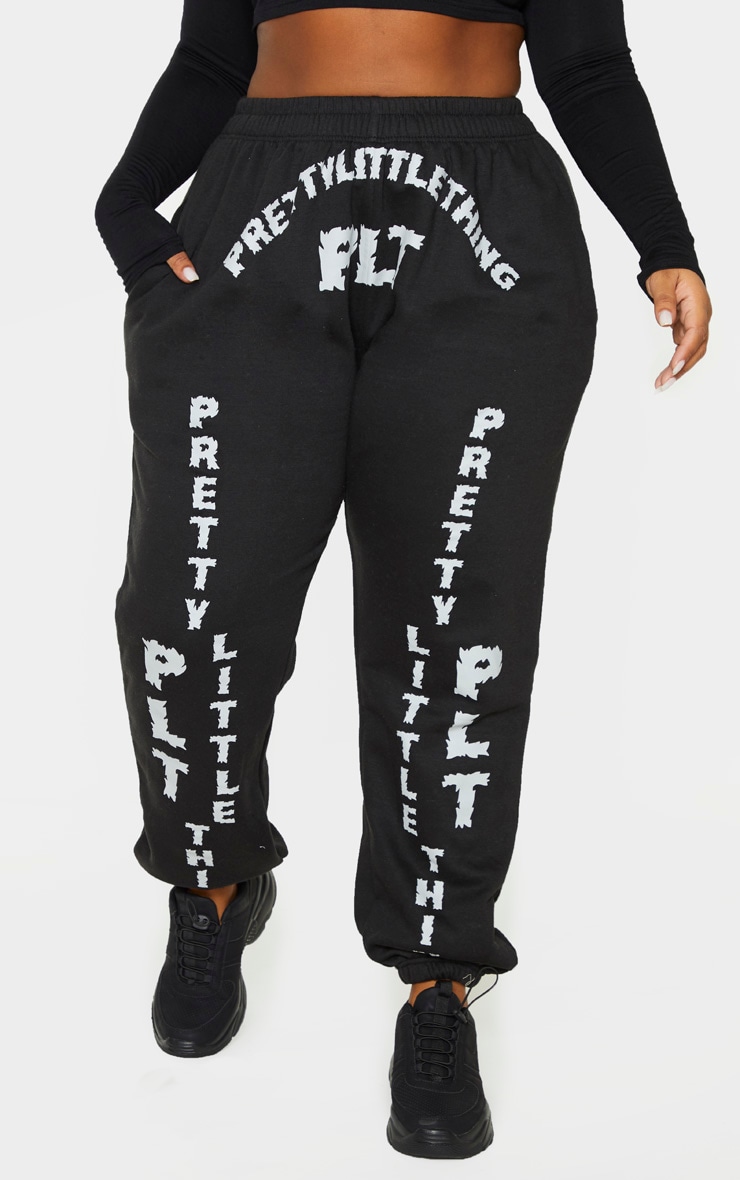 PRETTYLITTLETHING Plus Black Contrasting Slogan Printed Joggers image 2