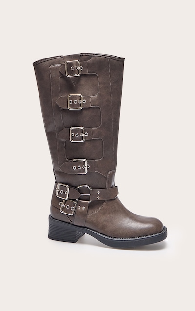 Brown Burnish Pu Round Toe Multi Buckle Harness Knee High Boots