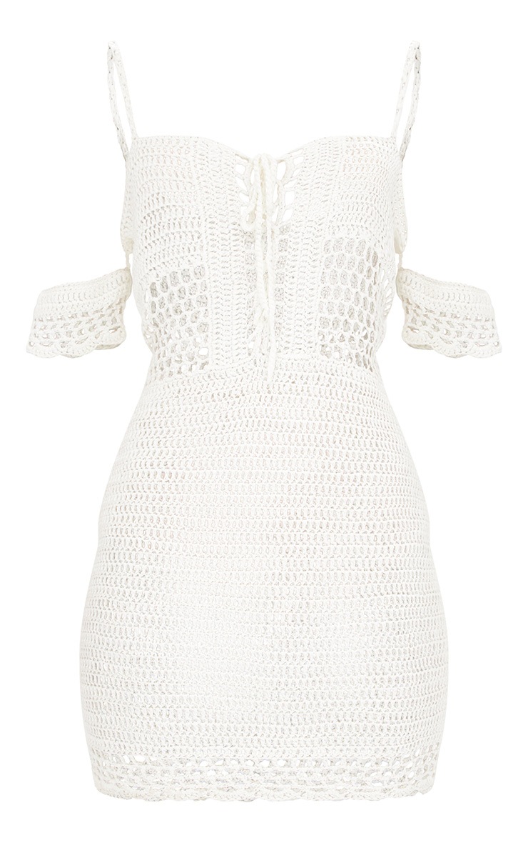 Cream Crochet Bardot Dress Knitwear PrettyLittleThing USA