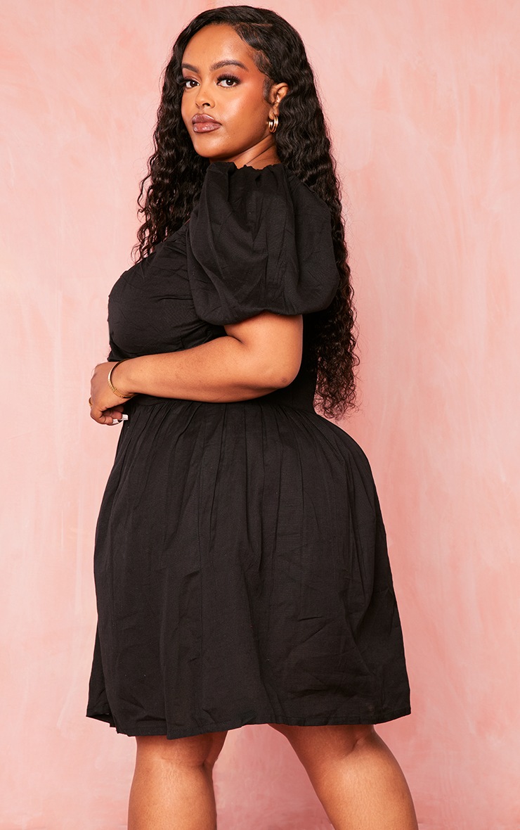 Plus Black Linen Look Puff Sleeve Dress image 2