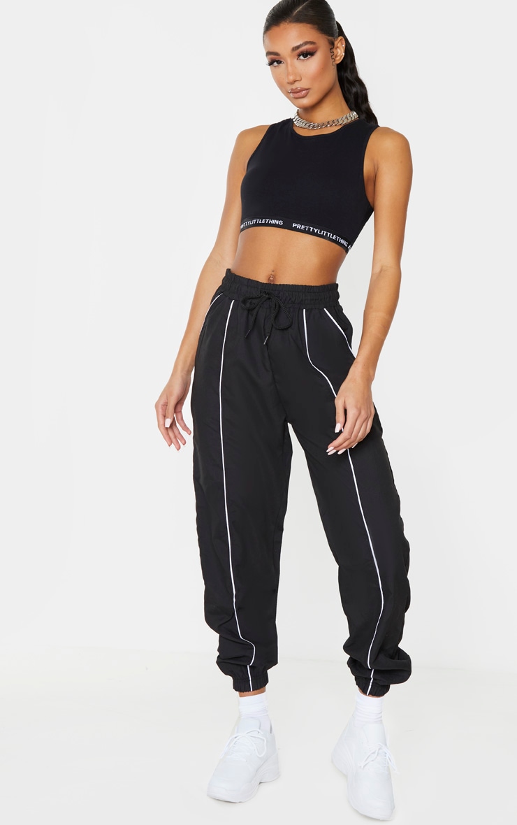 Black Contrast Binding Peach Skin Track Pants