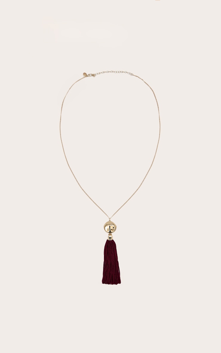 Collier long doré à franges bordeaux image 2