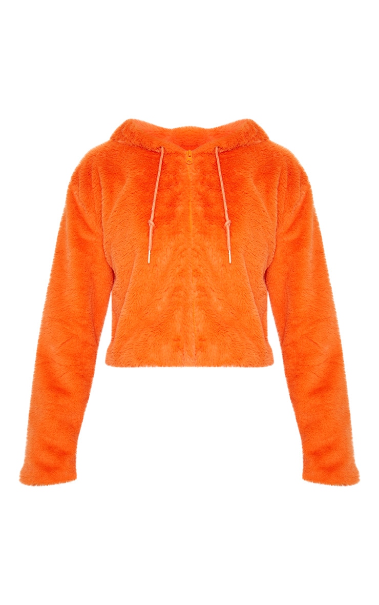 Orange Cropped Faux Fur Jacket With Hood PrettyLittleThing