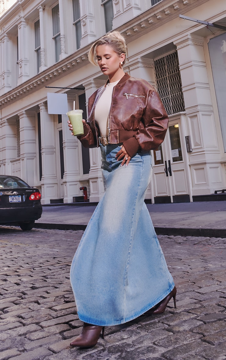 Brown Mottled Texture Faux Leather Zip Detail Bomber Jacket image 3