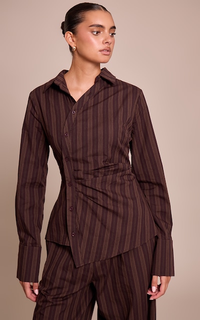 Dark Brown Woven Pinstriped Asymmetrical Shirt