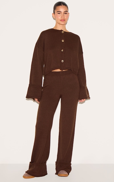 Pantalon en maille tricot chocolat à ourlets retroussés