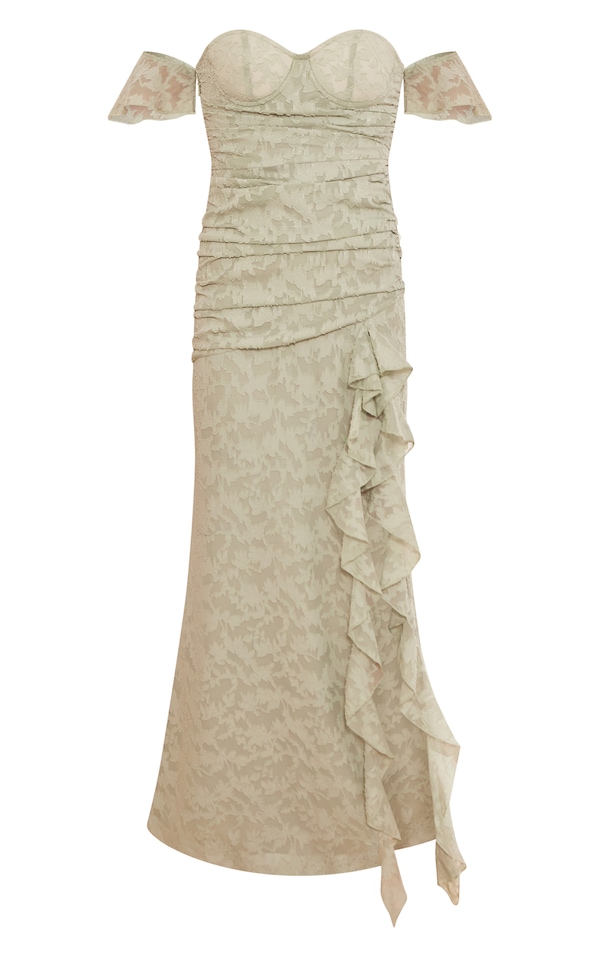 Sage Jacquard Bardot Cup Detail Ruched Maxi Dress