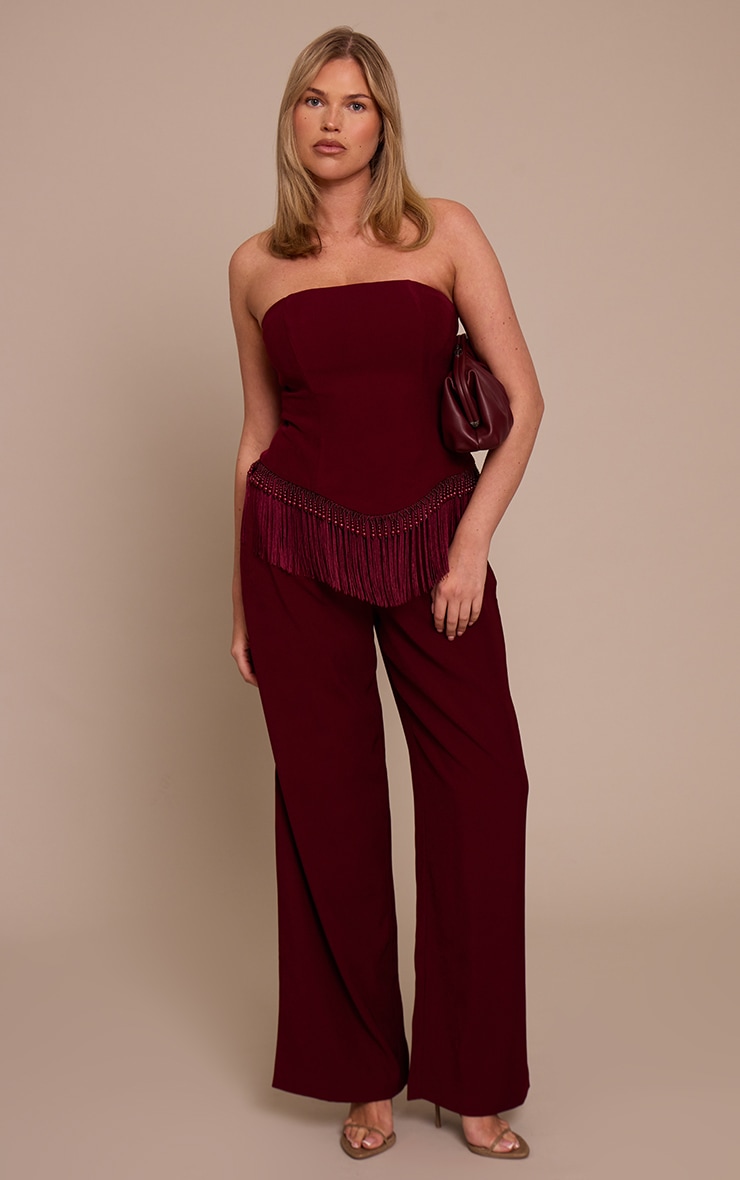 Shape Burgundy Beaded Fringe Hem Bandeau Top image 3