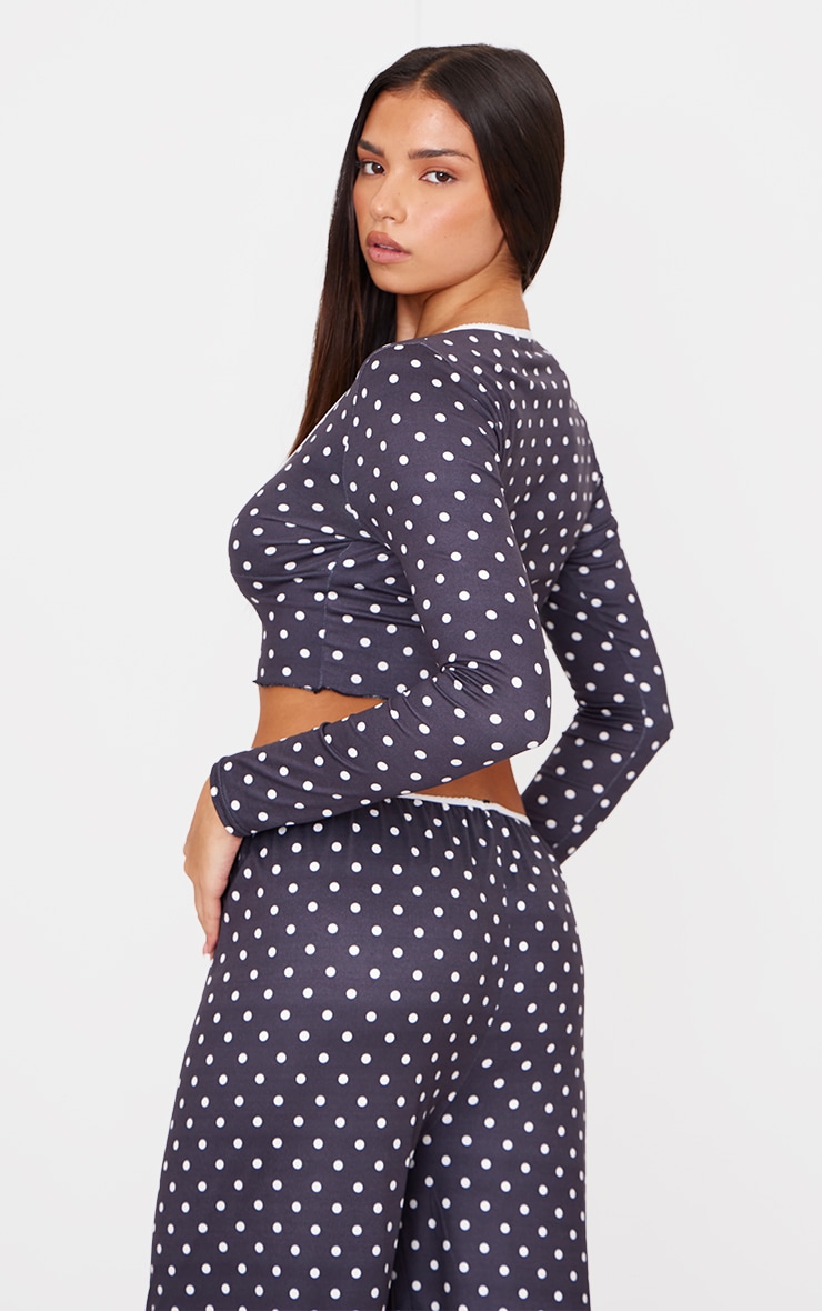 Black Polka Dot Print Long Sleeve Pj Top image 2