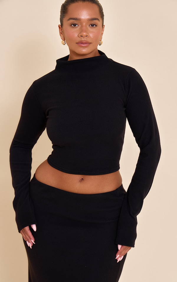 Shape Black Micro Rib Long Sleeve Roll Neck Top