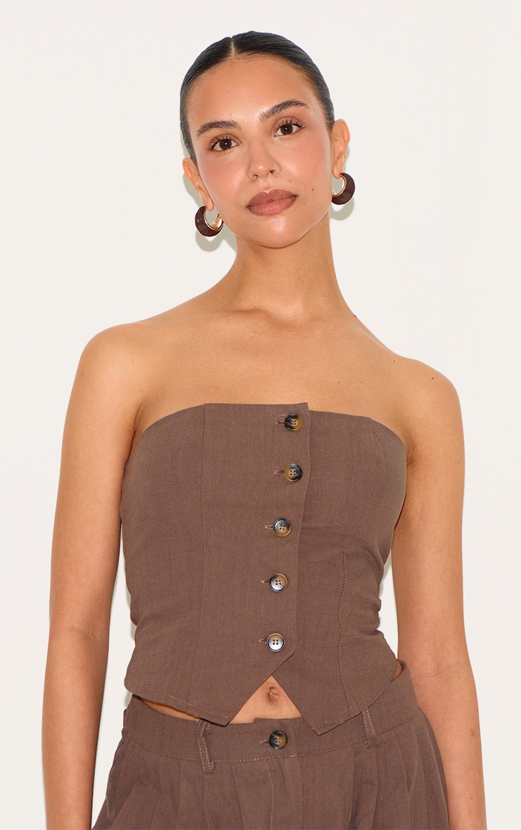 Petite Chocolate Woven Bandeau Button Up Top image 4
