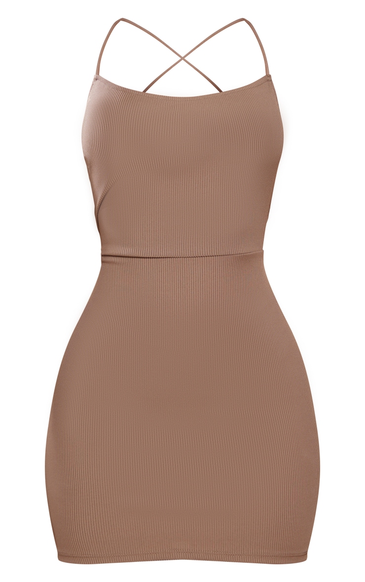 Petite Taupe Ribbed Lace Up Back Bodycon Dress image 5