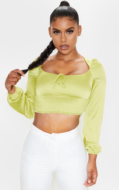 Green Satin Shirred Long Sleeve Crop Top