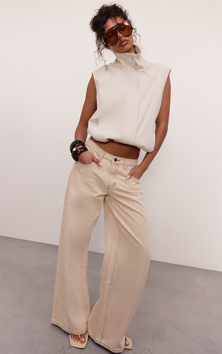 Jean large gris pierre délavé à taille mi-haute