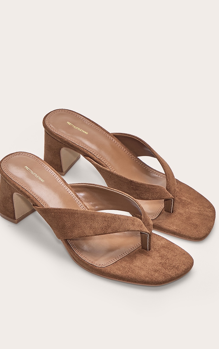 Tan Faux Suede Low Block Heel Toe Thong Mules image 5