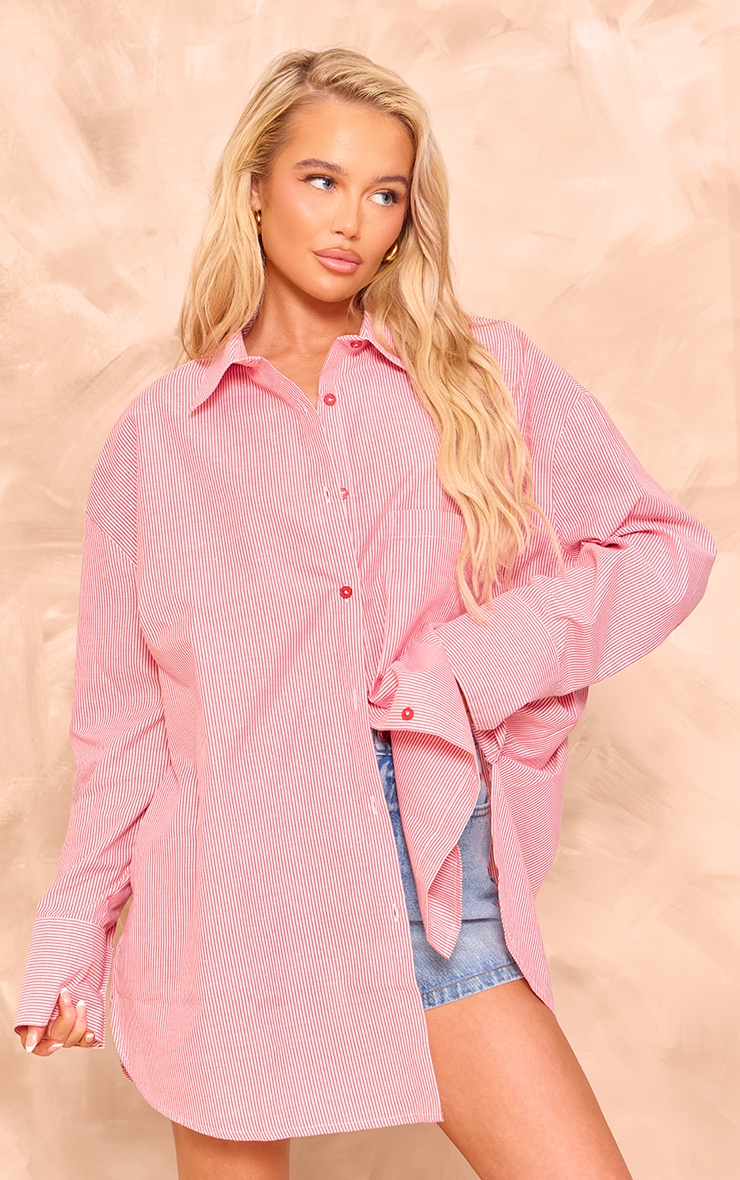 Red Pinstripe Oversized Cotton Poplin Shirt image 1