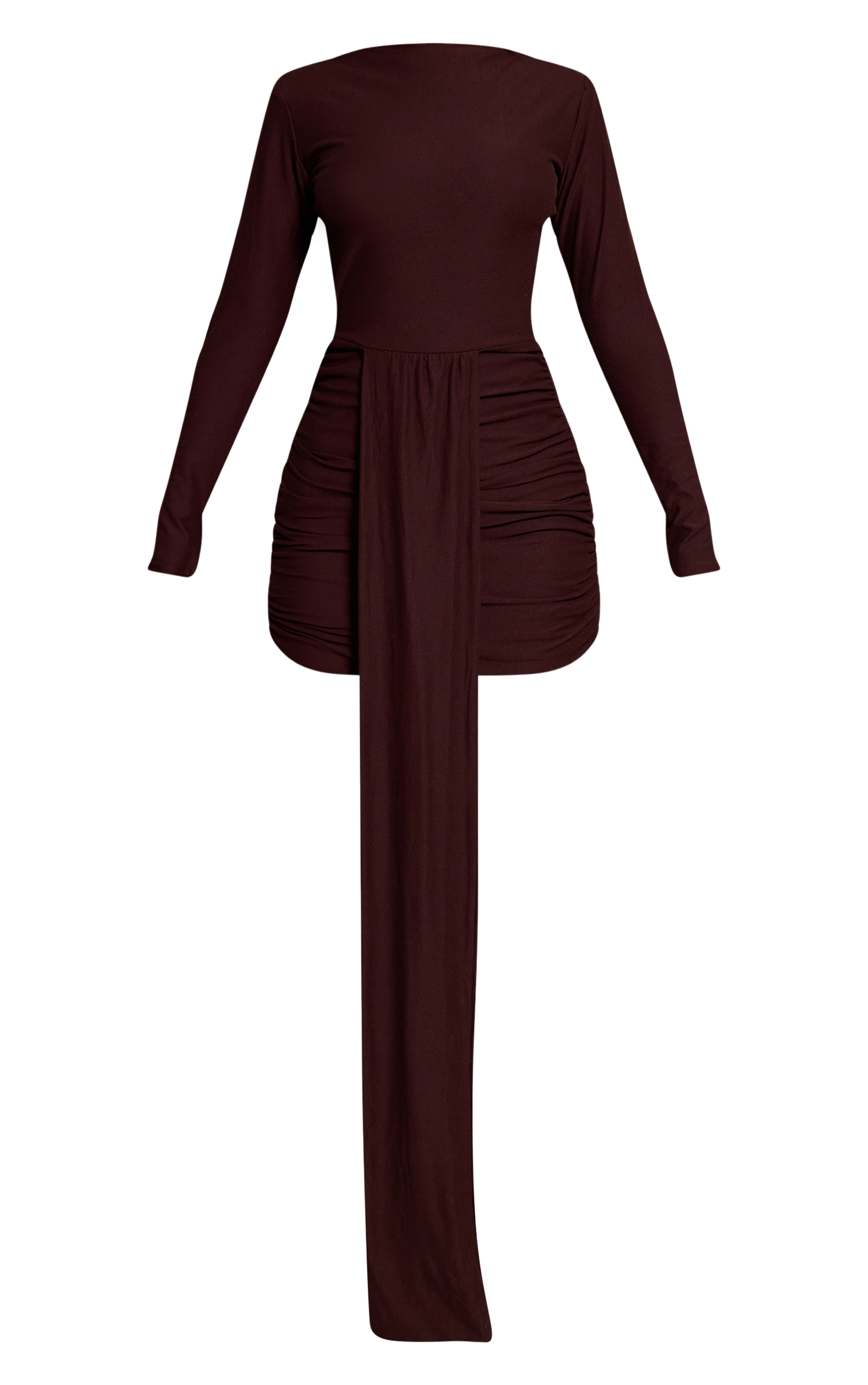 Petite Chocolate Slinky Ruched Drape Detail Long Sleeve Dress image 5