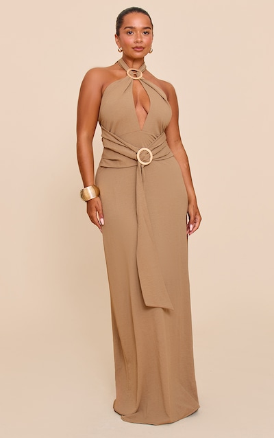 Shape Robe longue kaki en satin martelé avec anneau col licou