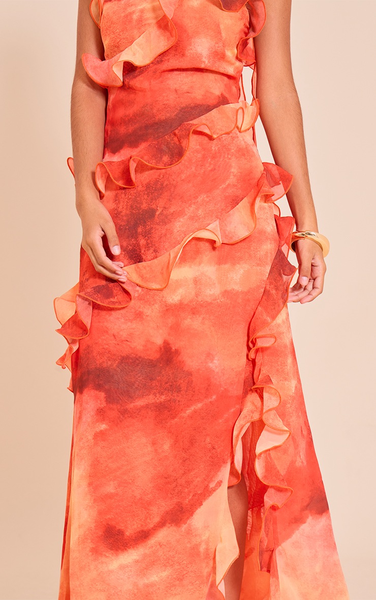 Prettylittlething Sleeveless Frill Detail Maxi Dress In Chevron Print Burnt  Orange Chevron Print Lace Maxi Dress