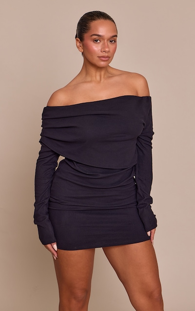 Shape Black Soft Touch Bardot Foldover Long Sleeve Dress