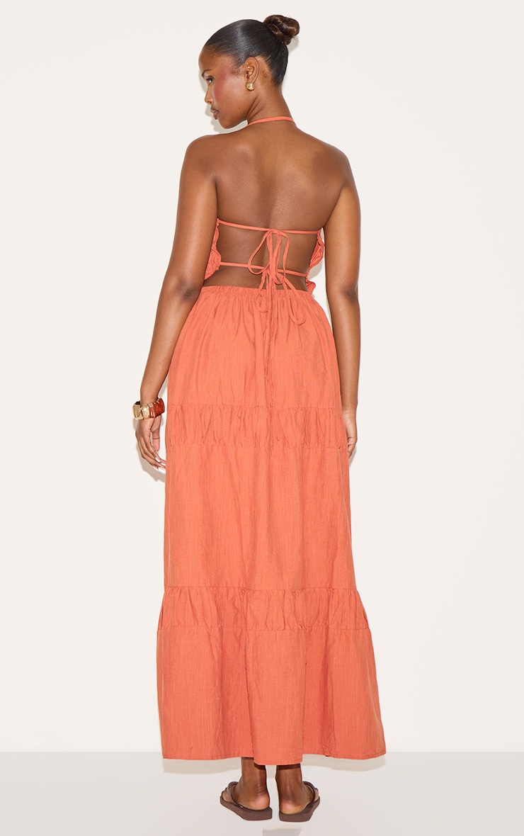Rust Ruched Backless Strappy Maxi Dress image 2