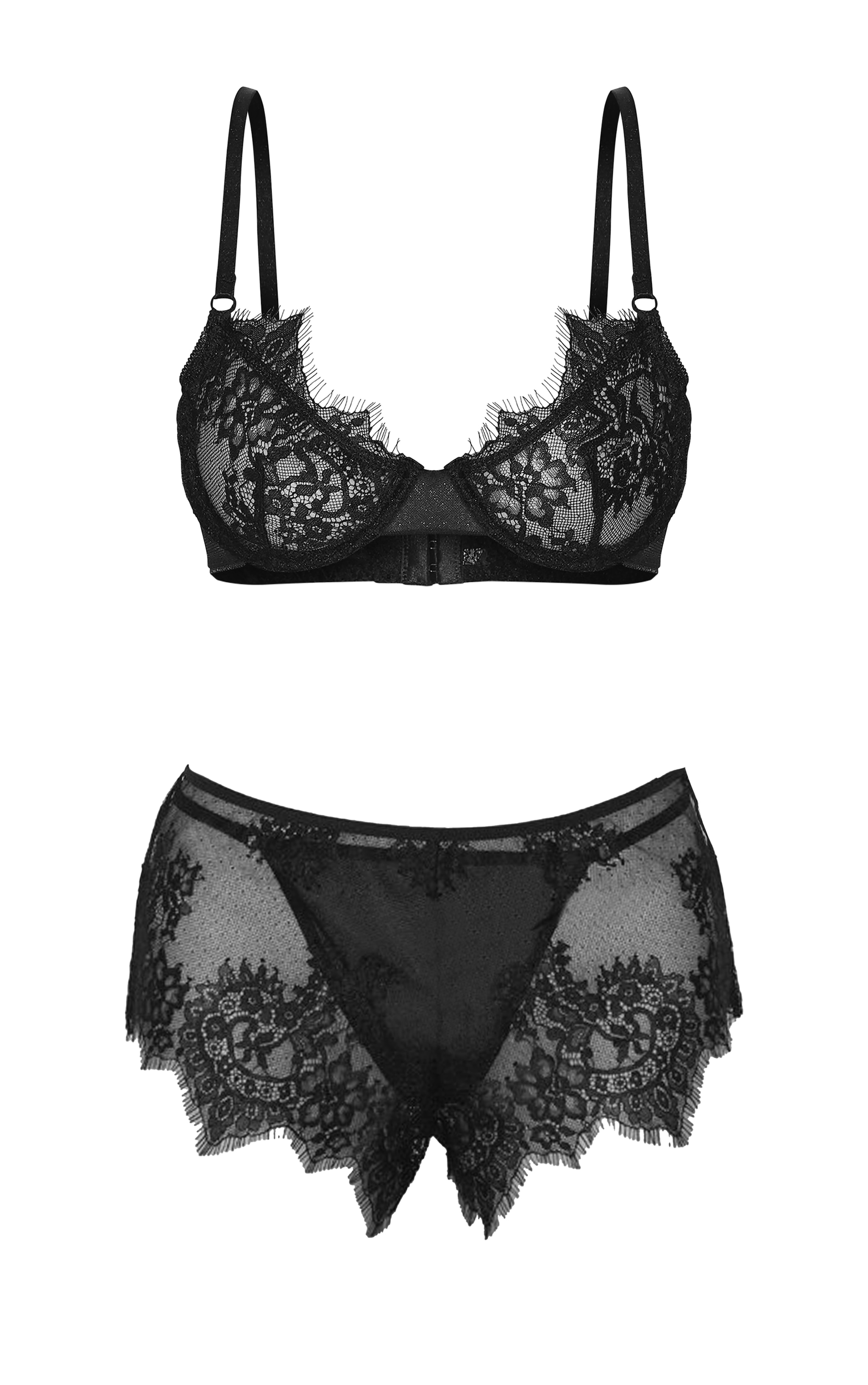 Black Eyelash Lace Shorts 3 Piece Lingerie Set image 5