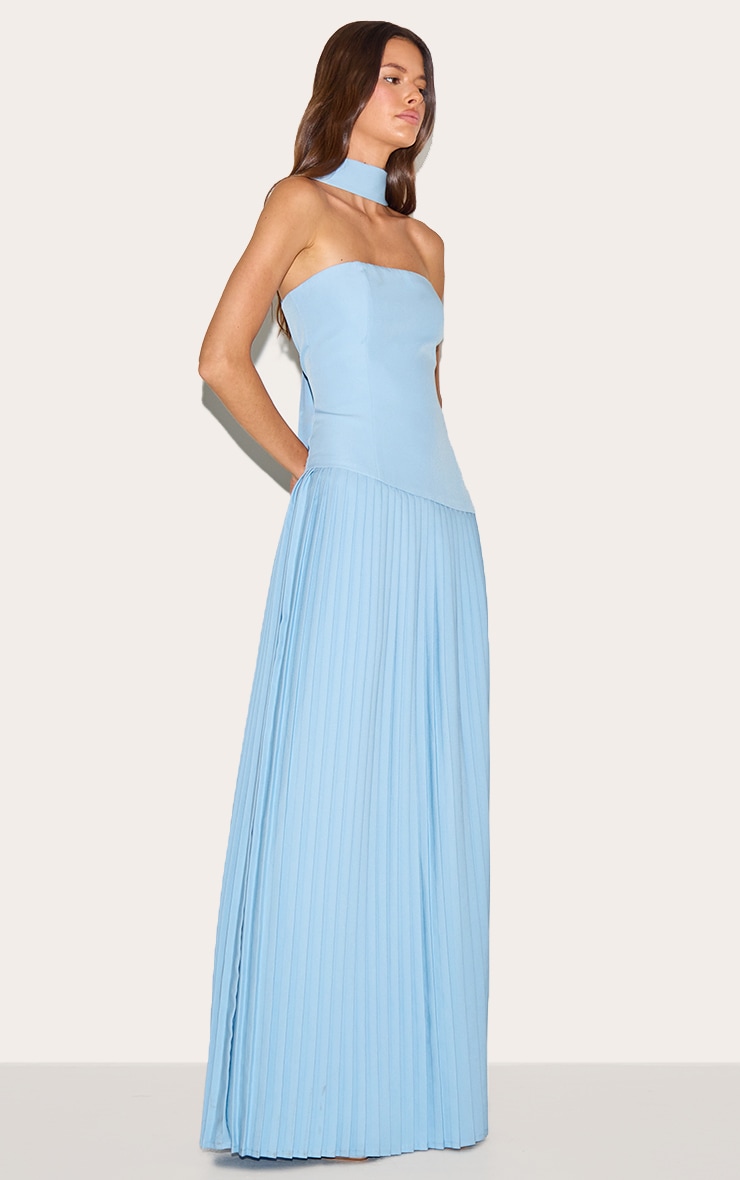 Pale Blue Woven Asymmetric Pleated Maxi Dress image 3