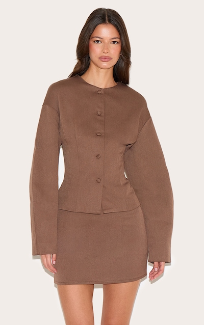 Blazer de tailleur tissé chocolat à épaules carrées et manches ballon