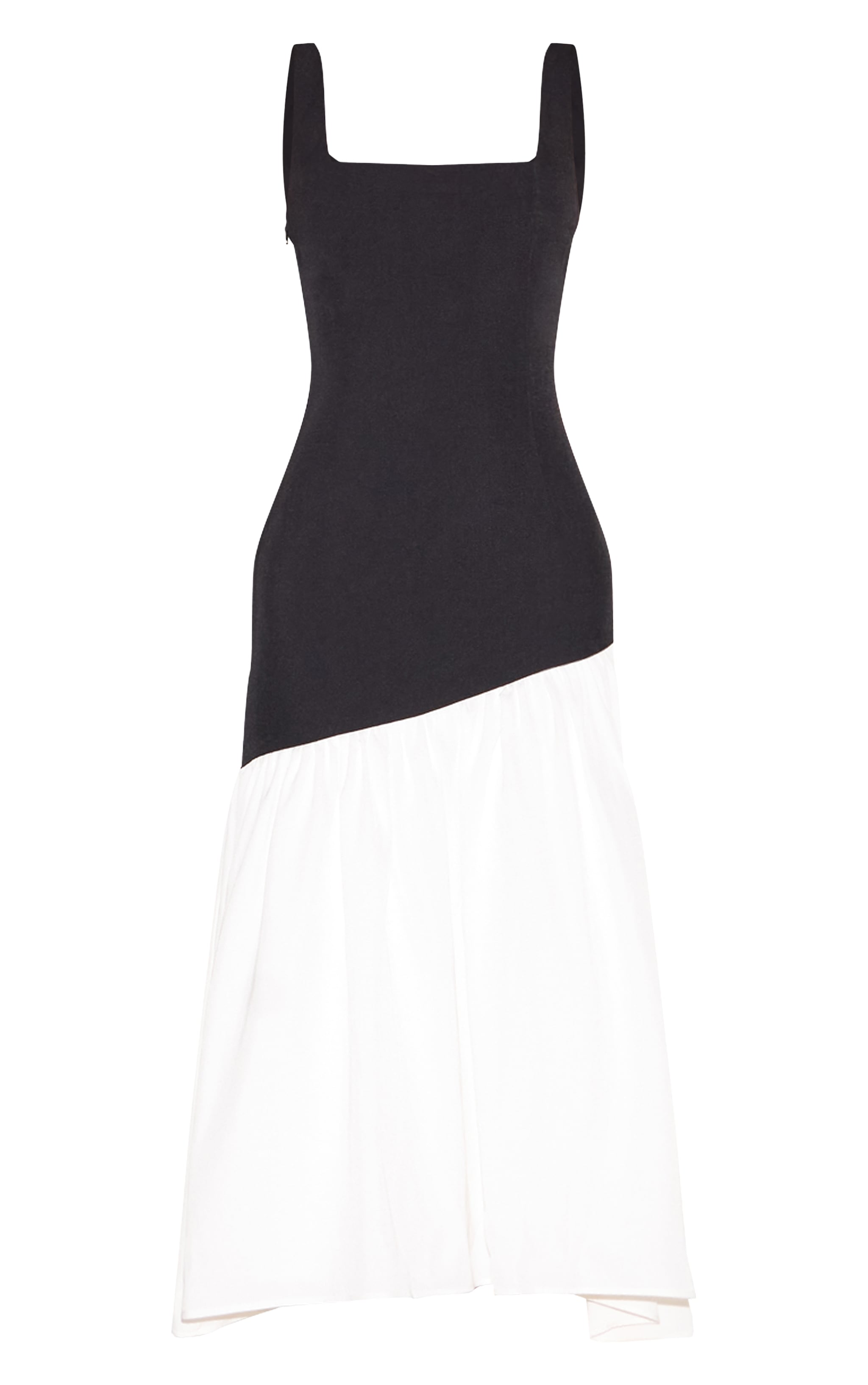 Robe mi-longue noire et blanche à col carré et ourlet plissé contrastant image 5
