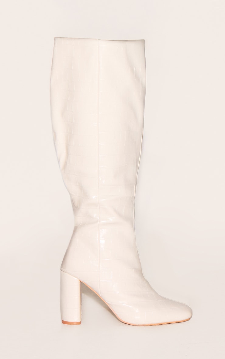 White Wide Fit Pu Croc Square Toe Block Heel Knee High Boots image 1