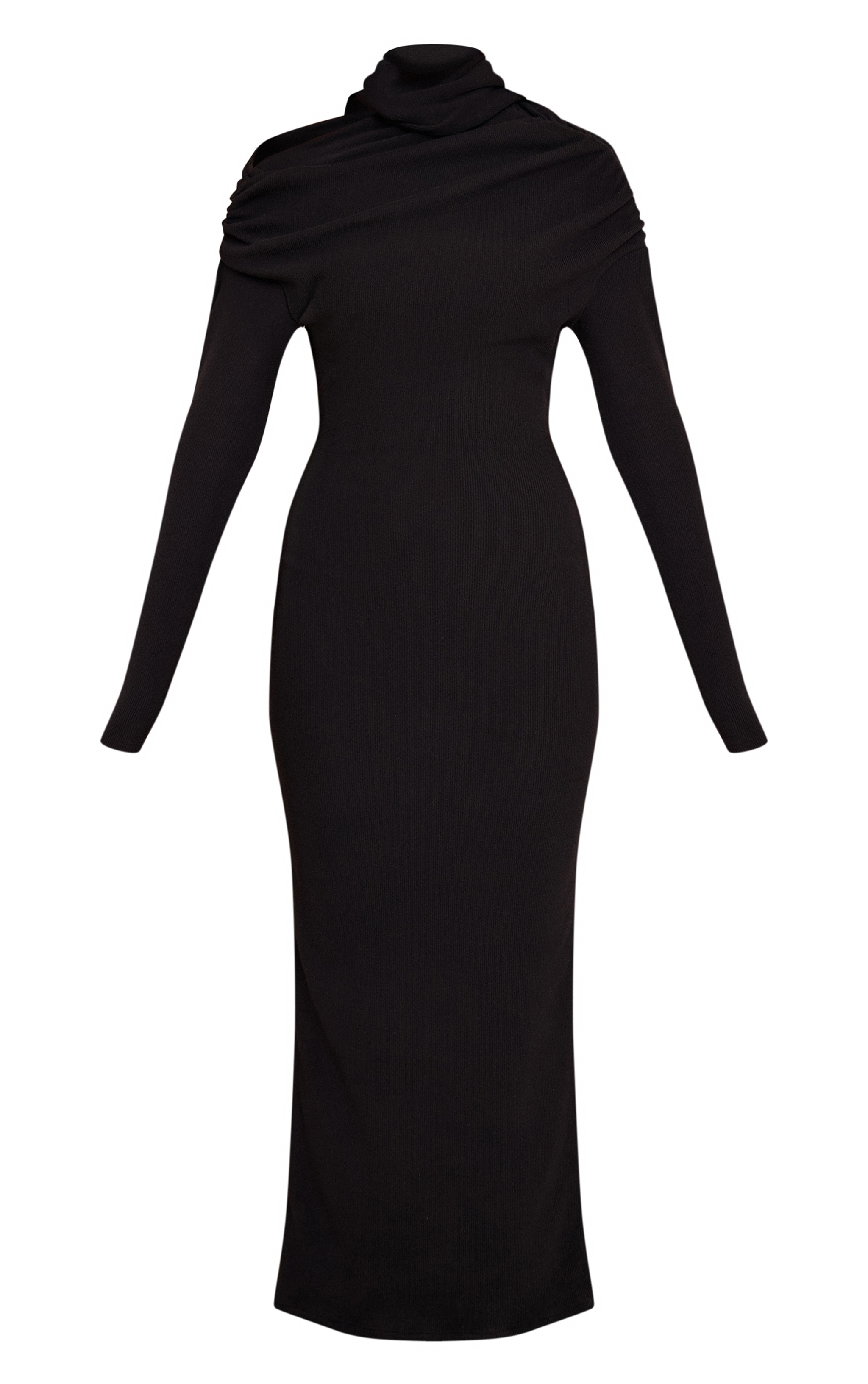 Black Brushed Rib Scarf Detail Long Sleeve Asymmetric Ruched Maxi Dress image 5
