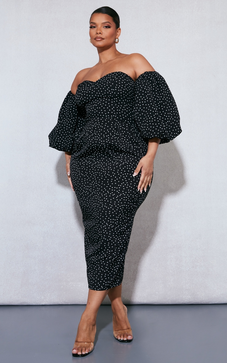 Plus Robe bustier mi-longue noire à pois et manches bouffantes image 3