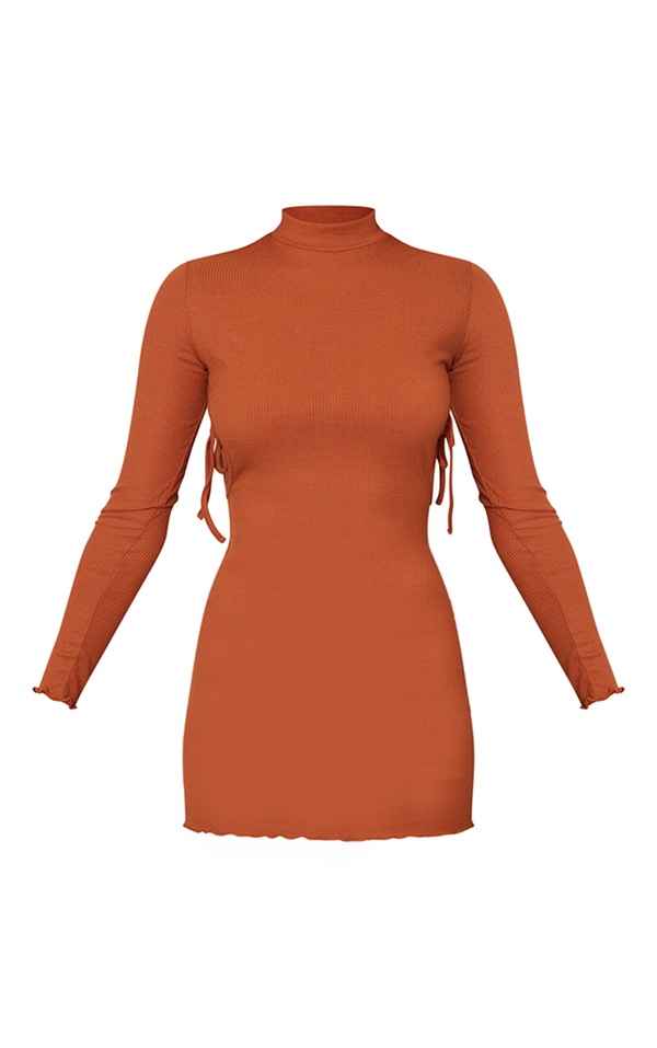 Rust Rib High Neck Lace Side Detail Bodycon Dress | Dresses | PLT