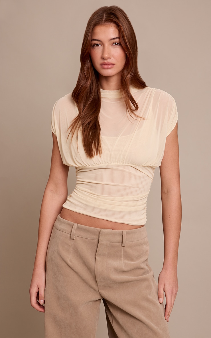 Cream Mesh High Neck Waist Detail Top